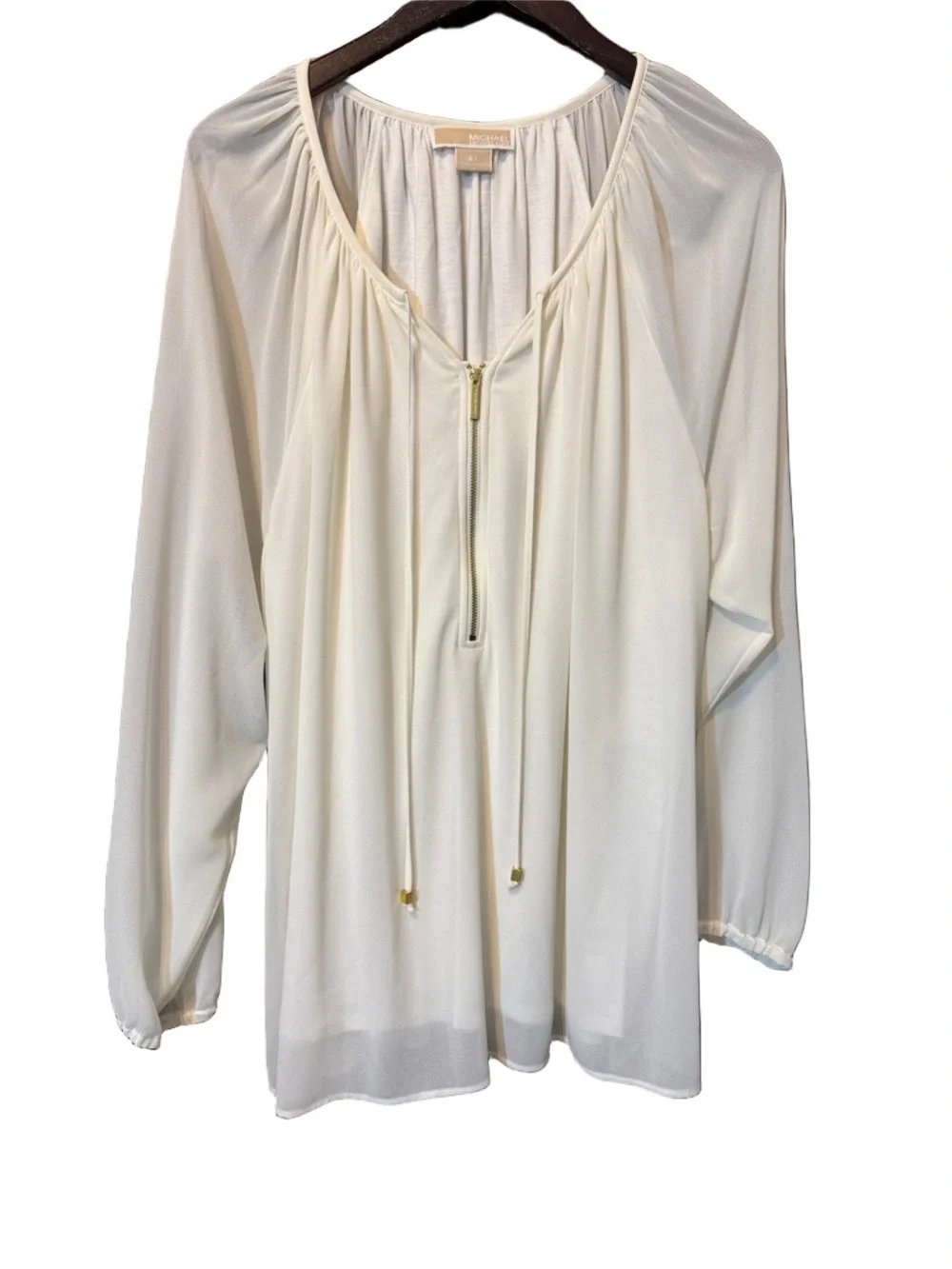 Michael Kors Ivory Zip-Front Peasant Blouse with Gold Accents Size 2X